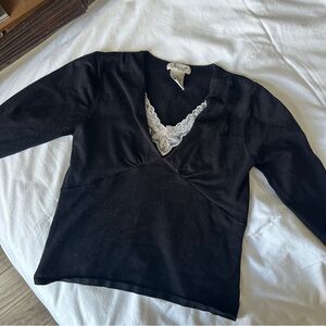 Jessica 3/4 Sleeve Black Top with Lace Appliqué